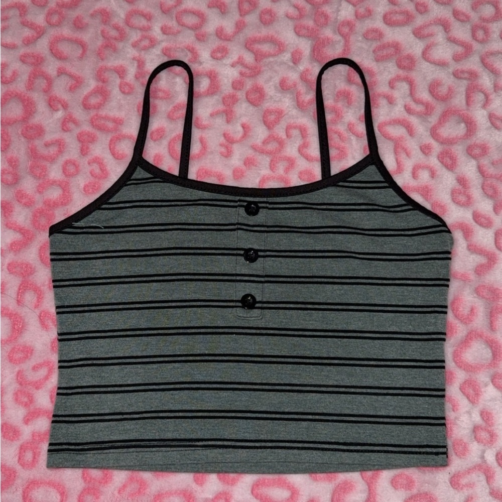 SHEIN Gray Striped Spaghetti Strap Crop Top with Black Trim